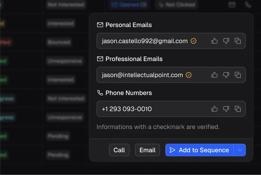Arbi verified contact data with personal emails, professional emails, and phone numbers